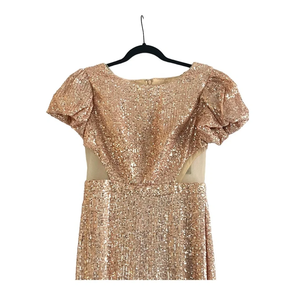 Mac Duggal Gold Sequined Puff Shoulder Illusion Cut Out Jumpsuit NWT Size 8 - Picture 7 of 9